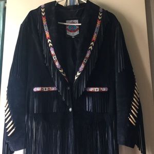 Black leather fringed jacket, hand beaded, size 8